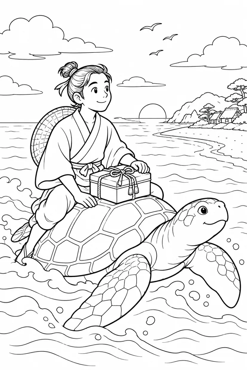 浦島太郎：亀と帰る故郷への道（ほっこり）の塗り絵