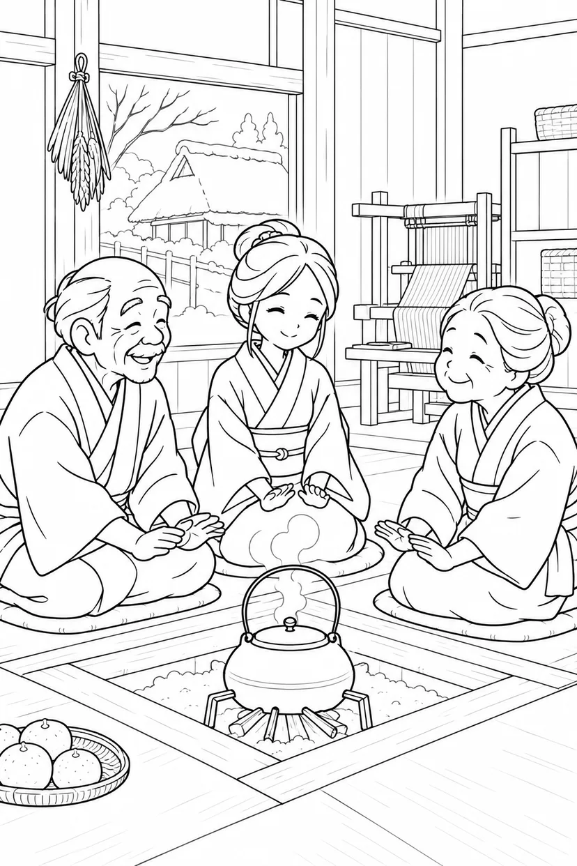 つるの恩返し：いろりを囲むあたたかな時間の塗り絵