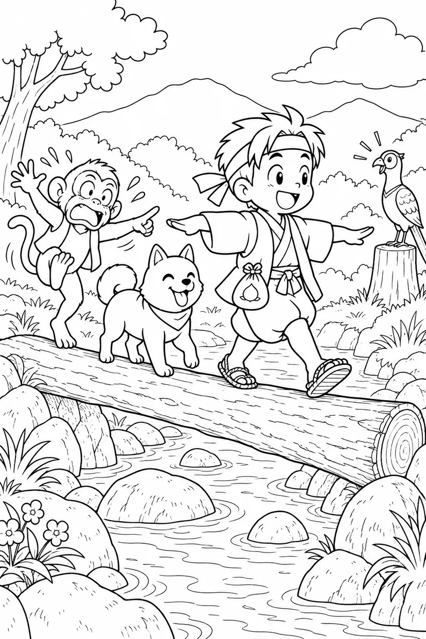 ギャグ桃太郎：桃太郎一行の丸太橋の塗り絵