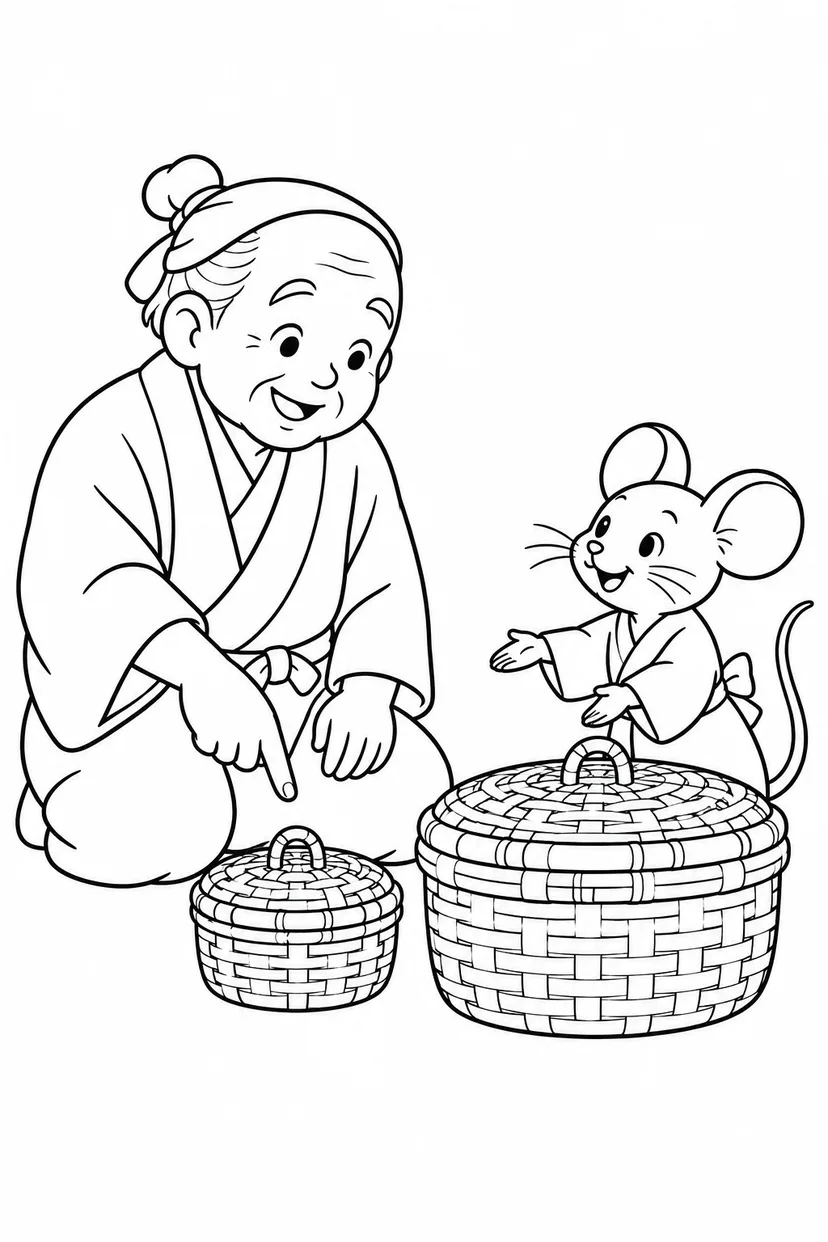 おむすびころりん・ほっこり：大きなつづらと小さなつづらの塗り絵