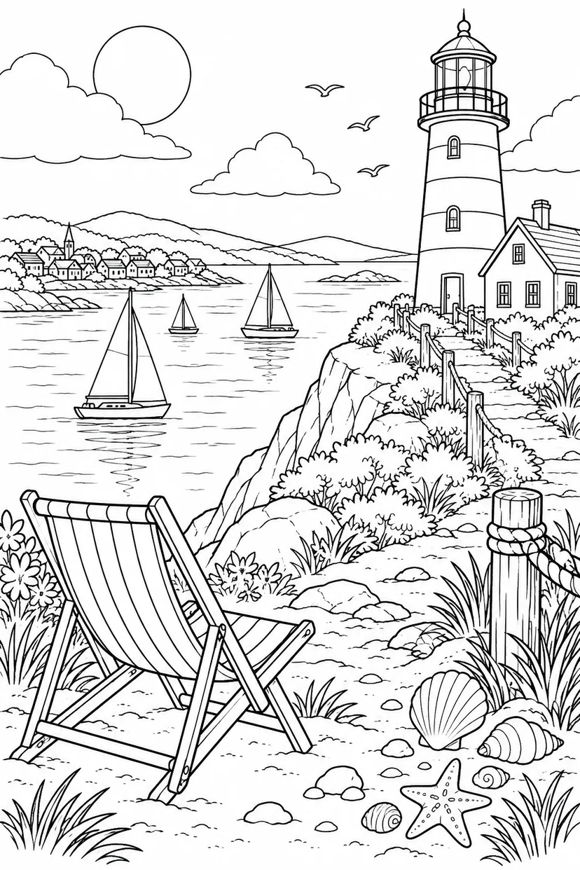 夏の灯台の見晴らし台の塗り絵