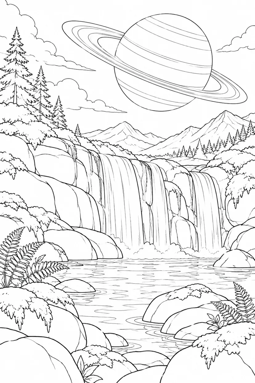 苔むした滝壺と環のある惑星の塗り絵