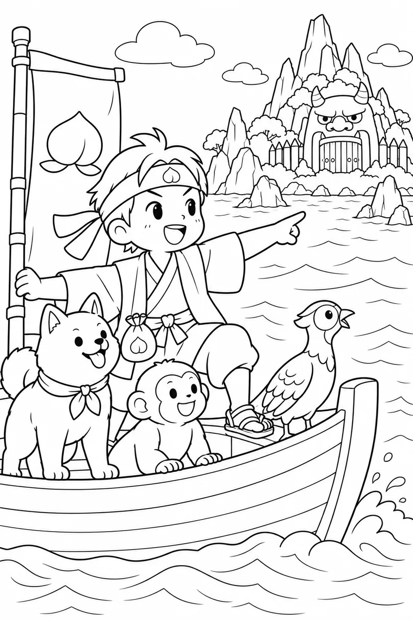 ほっこり桃太郎：桃太郎一行と見えてきた鬼ヶ島の塗り絵