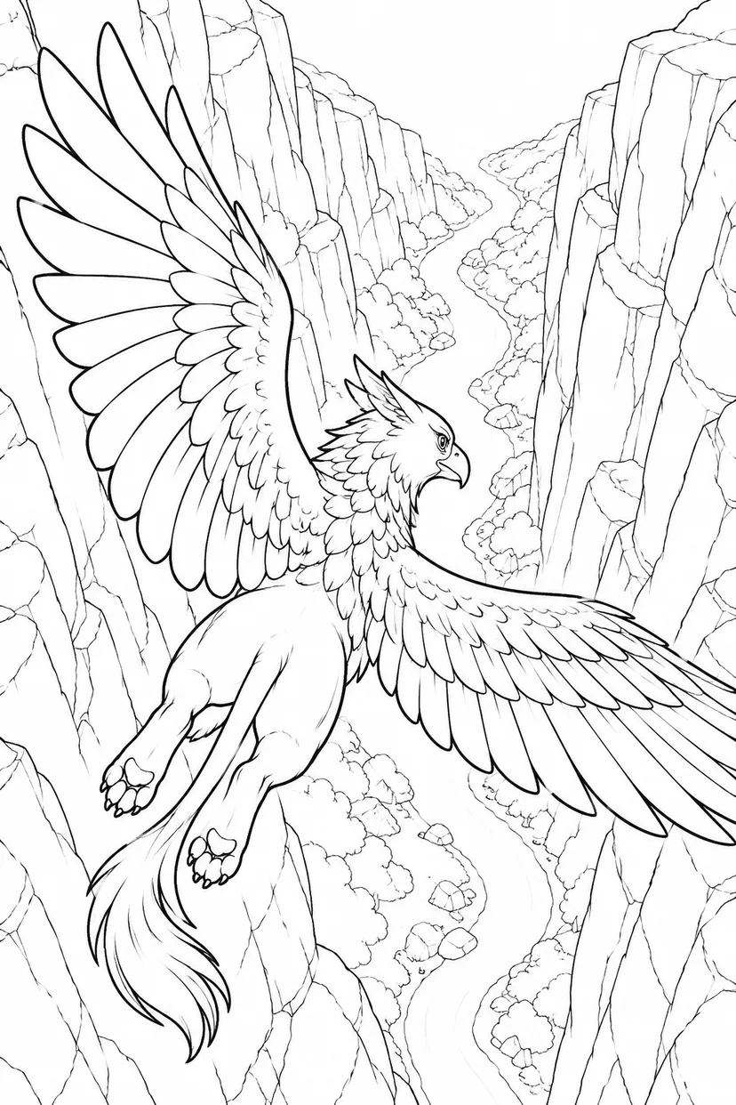 谷間を旋回するグリフォンの塗り絵