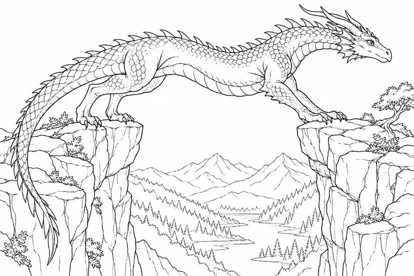 Coloriage Dragon reliant deux rochers