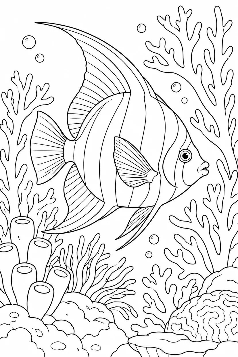 珊瑚の枝を泳ぐ熱帯魚の塗り絵