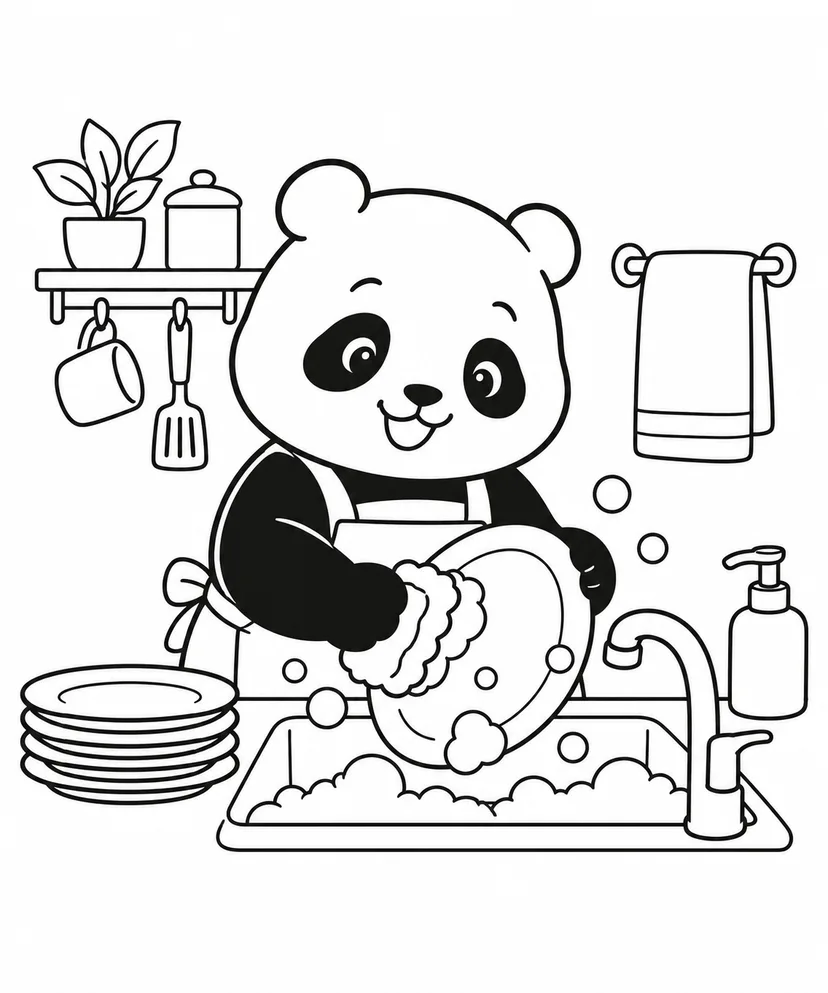 お皿を洗うパンダの塗り絵