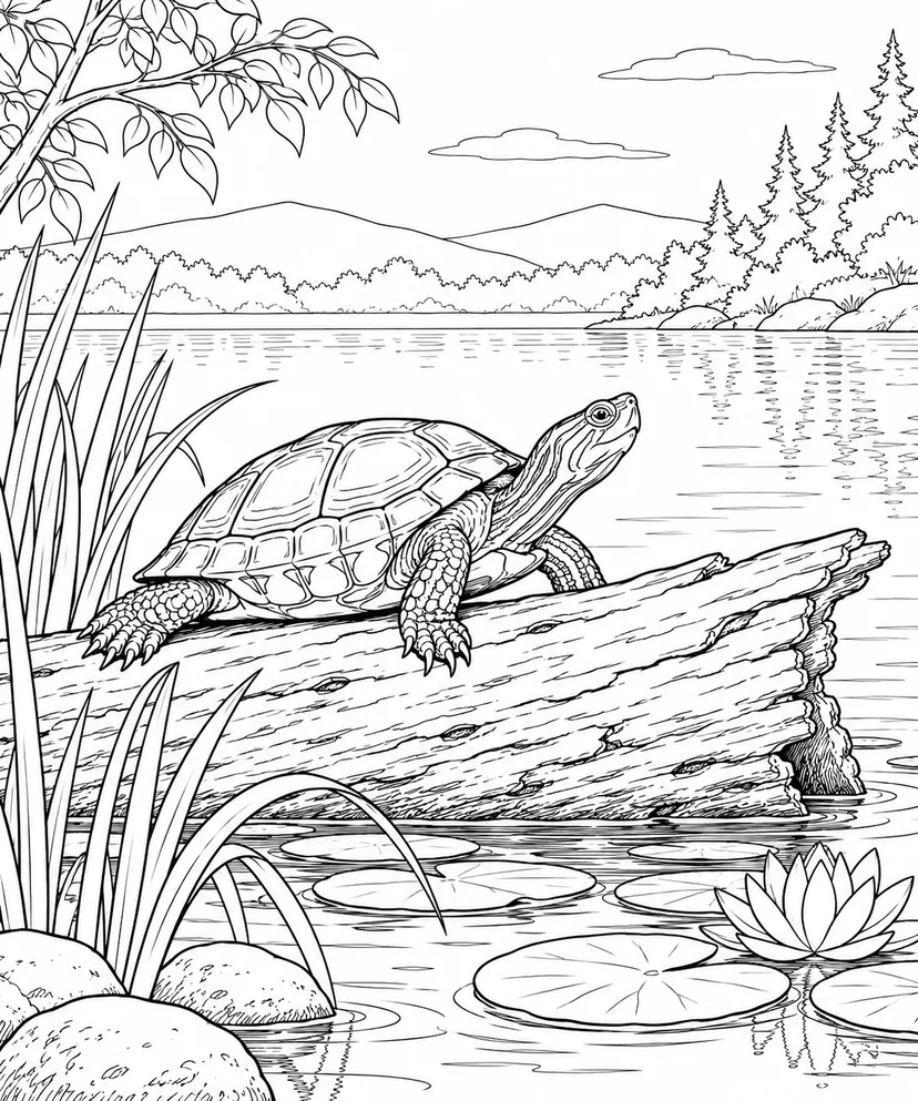 自然のひとこま：カメと水辺の倒木の塗り絵