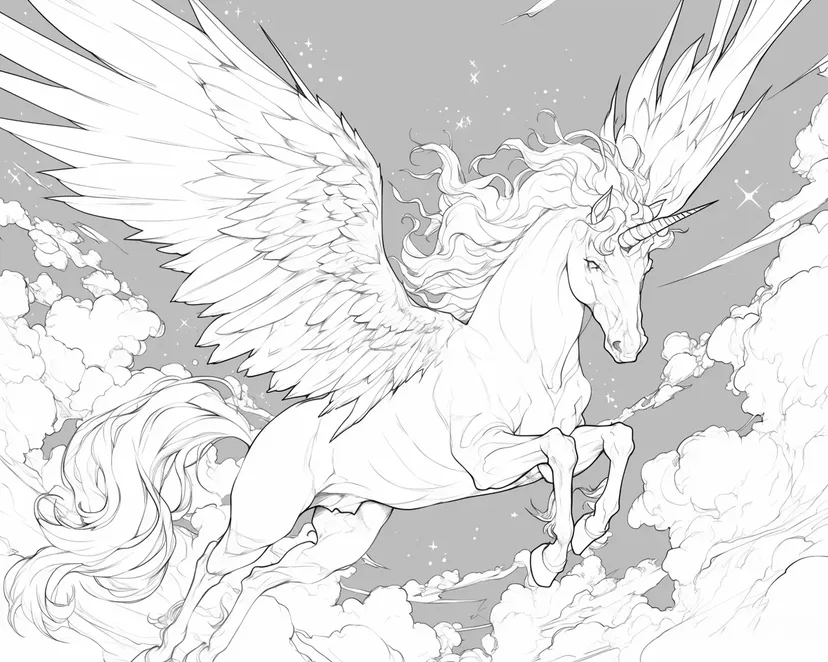 Coloriage Pégase volant dans le ciel
