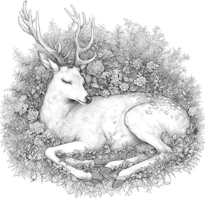 Dibujo de Ciervo Durmiendo en el Prado de Flores para colorear