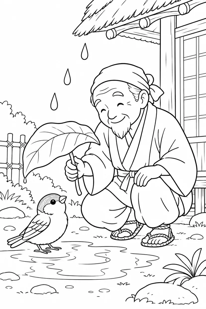したきりすずめ：葉っぱの傘で雨やどりの塗り絵