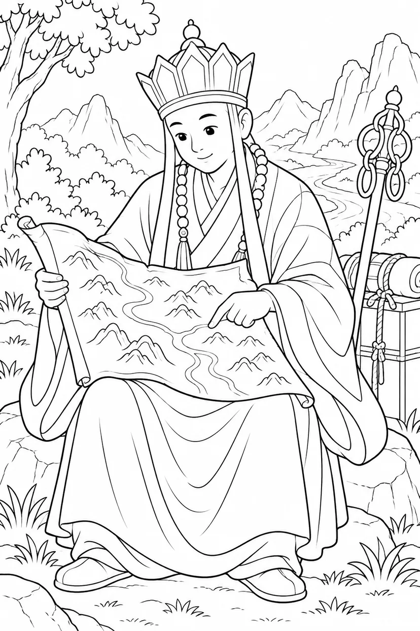 ほっこり西遊記：三蔵と旅の地図の塗り絵