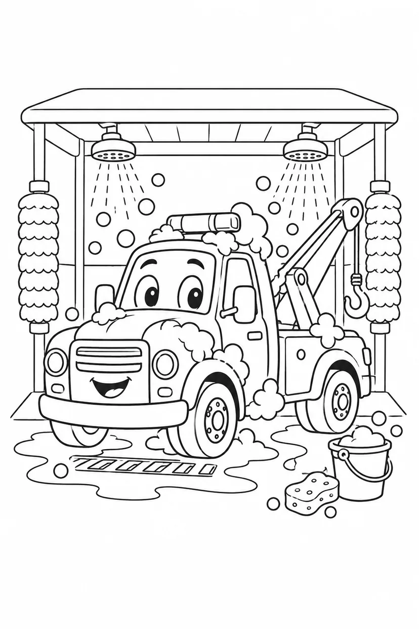 レッカー車と洗車場の塗り絵