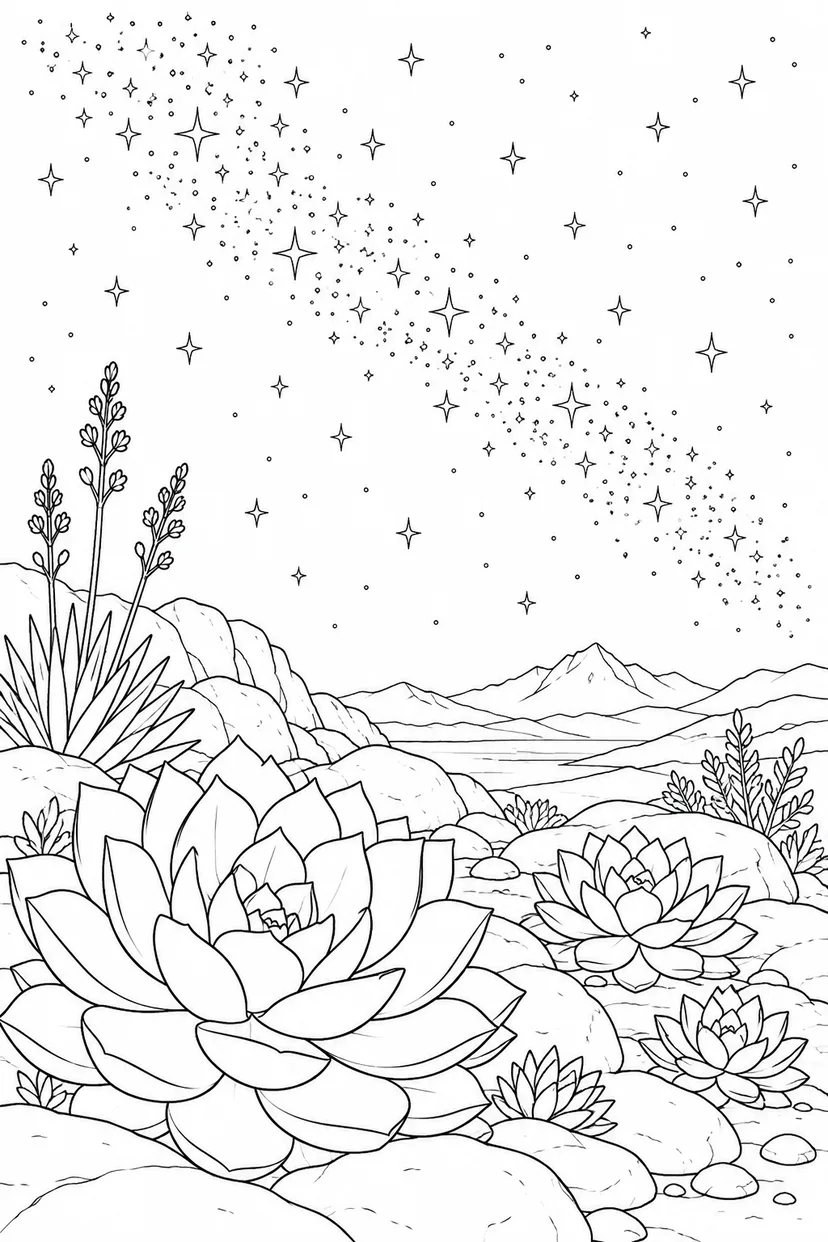 多肉植物の岩庭と天の川の塗り絵