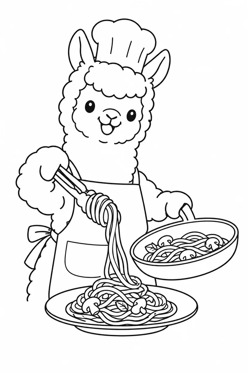 パスタを盛るアルパカの塗り絵
