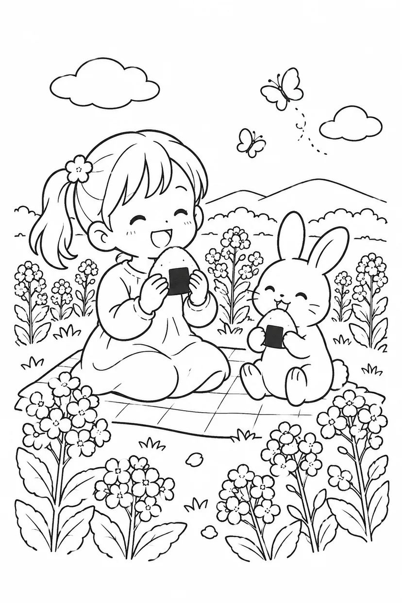 Desenho de Flores de canola e onigiri (bolinhos de arroz) de primavera para colorir