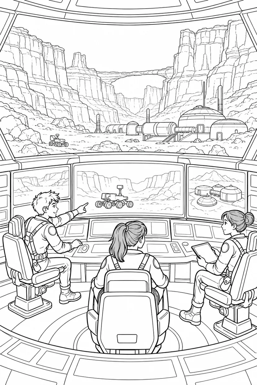 火星の峡谷基地：探査を見守る管制室の塗り絵