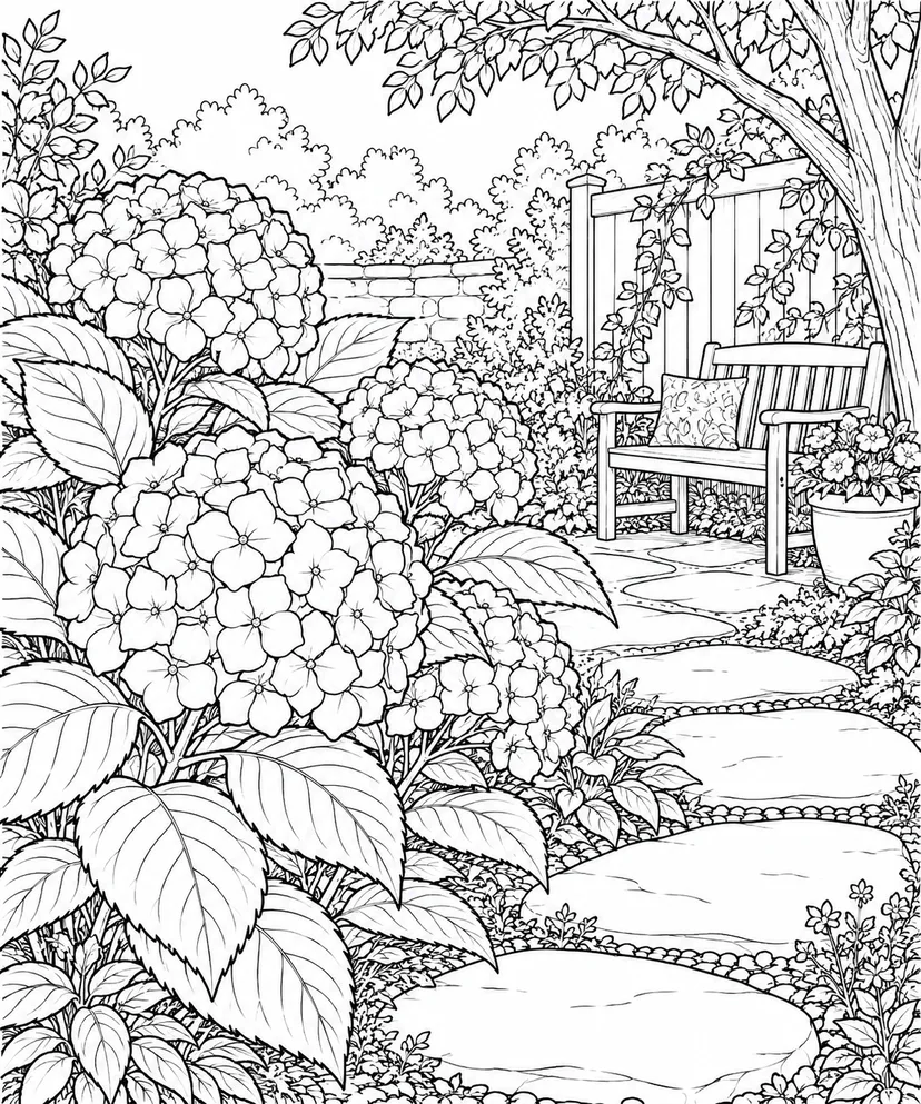 自然のひとこま：アジサイの花房の塗り絵