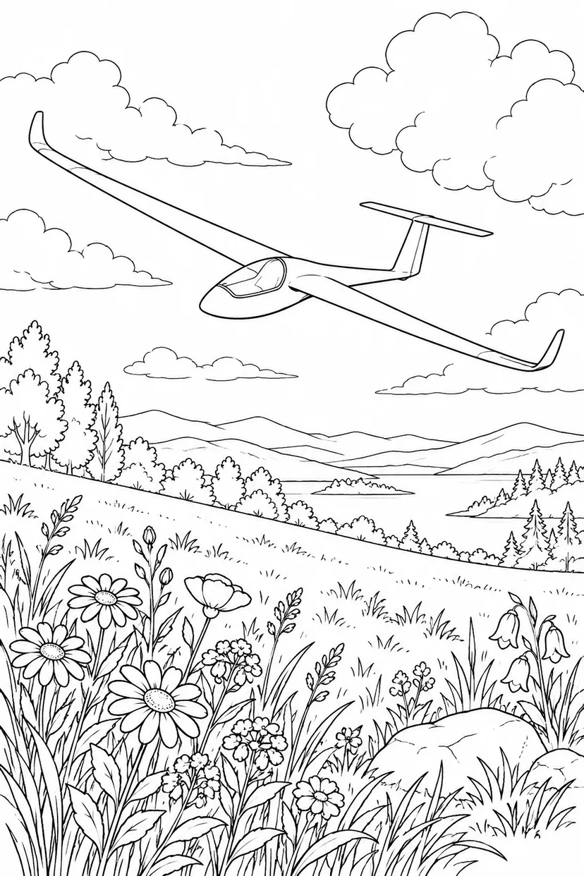 草原の滑空機と流れる雲の塗り絵