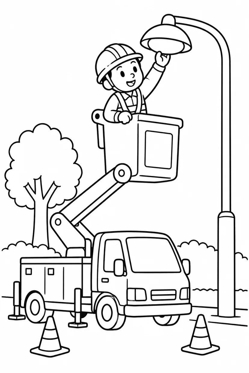 高所作業車と街灯の塗り絵