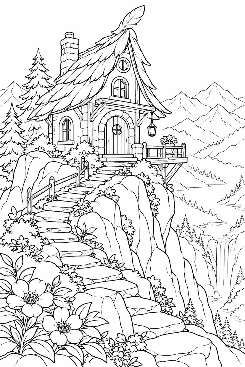 羽根の屋根を持つ山上の家の塗り絵