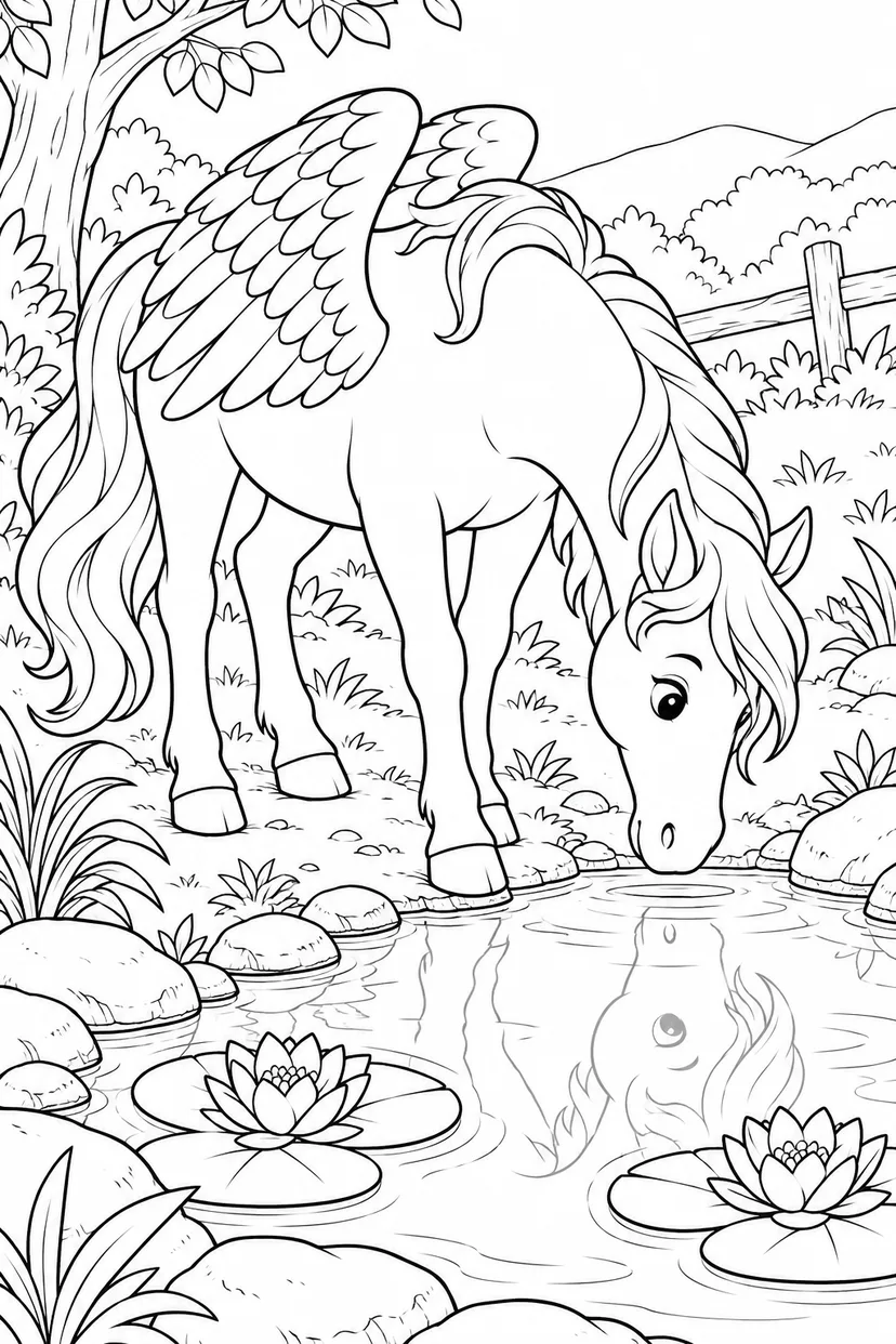 泉をのぞくペガサスの塗り絵