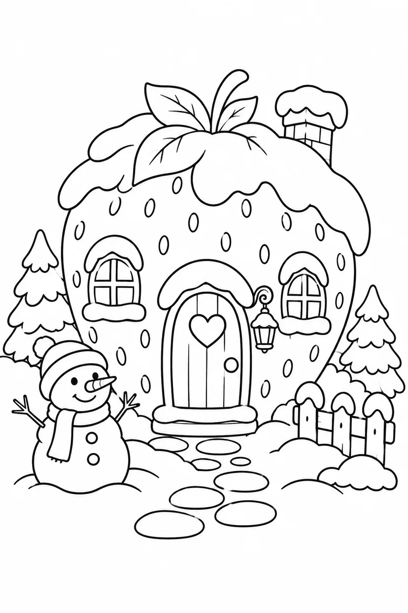 いちごのおうちの雪の日の塗り絵