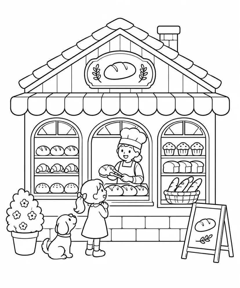 窓が三つの小さなパン屋の塗り絵