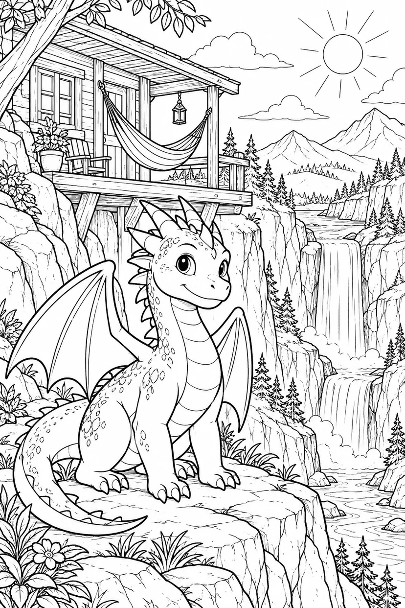 夏の小さな竜の山小屋の塗り絵