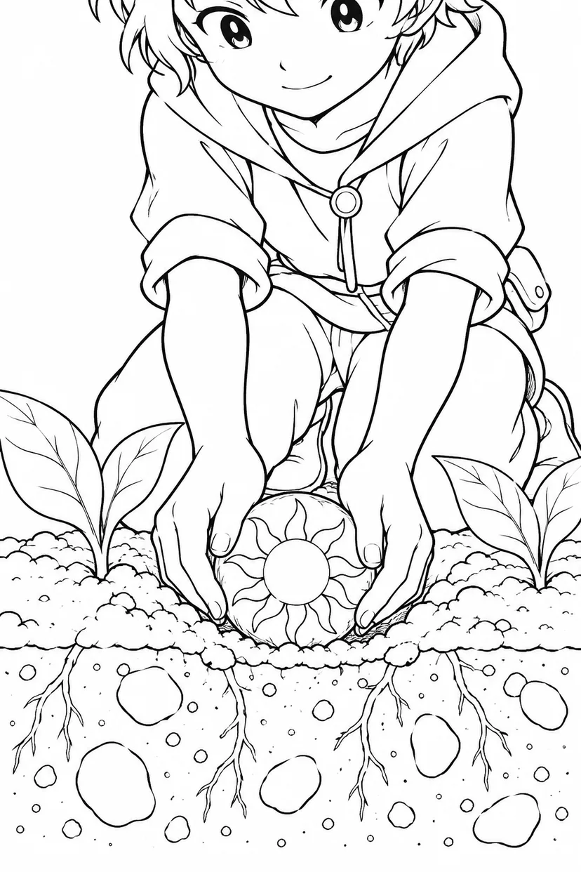 太陽の種を植える子どもの塗り絵