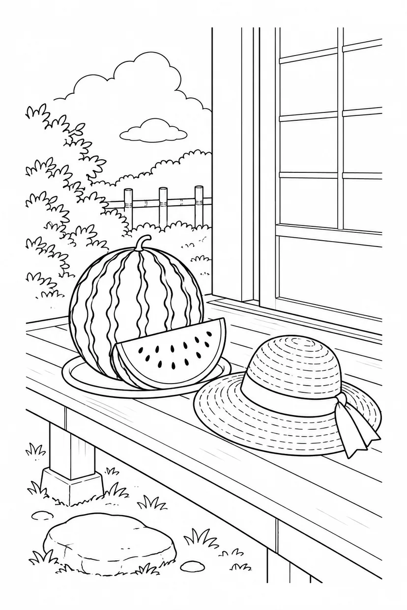 Desenho de Melancia e chapéu de palha na varanda para colorir