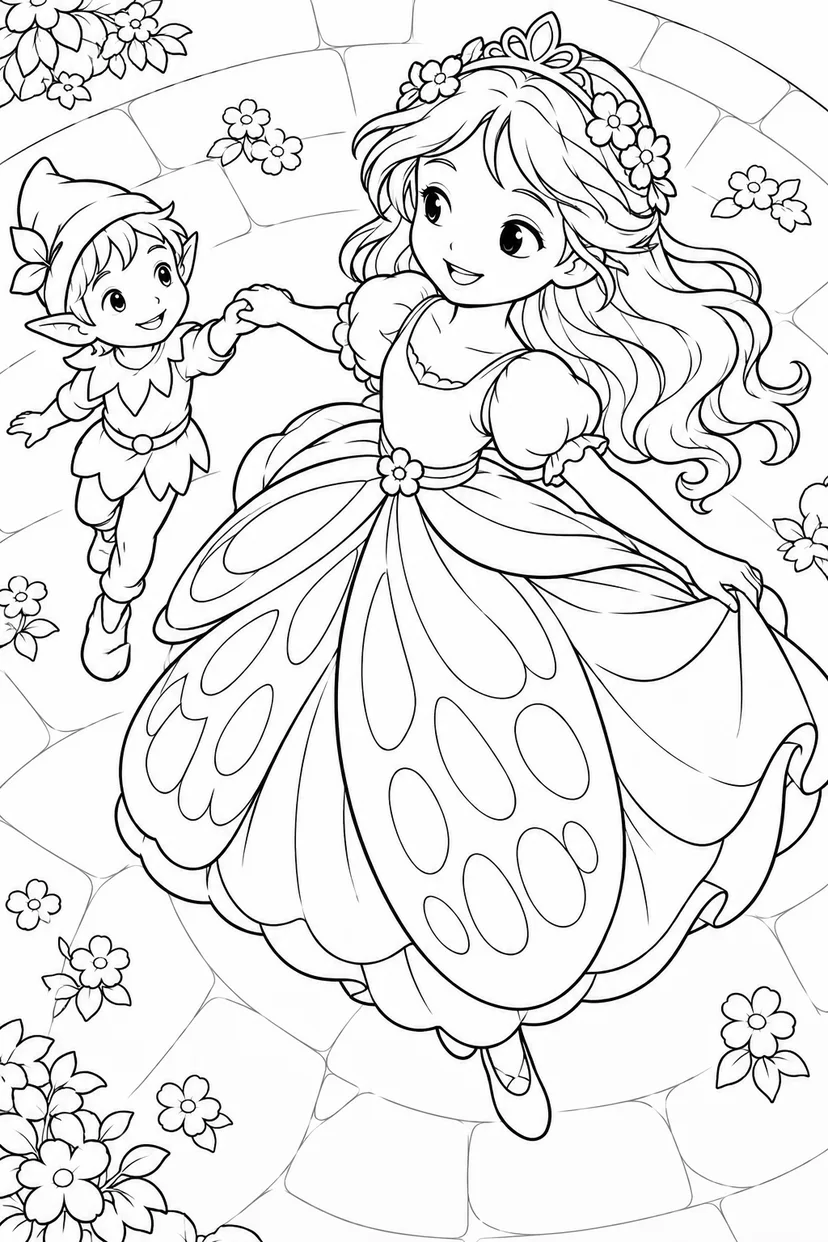 チョウのドレスの舞踏会の塗り絵