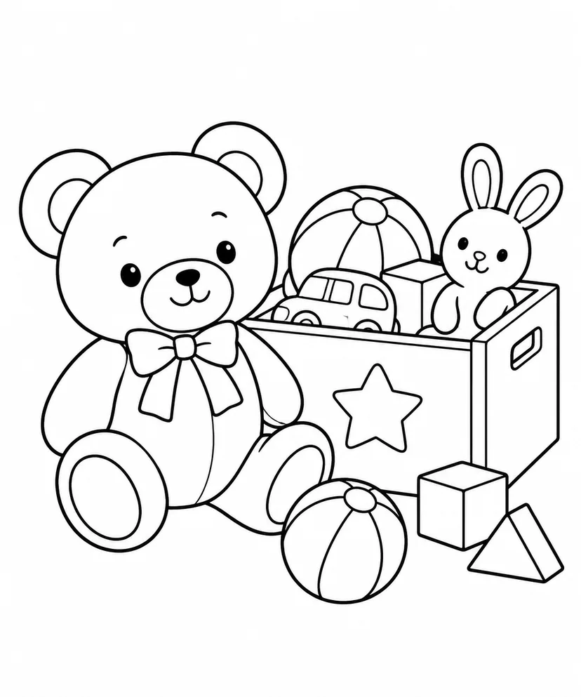 ぬいぐるみとおもちゃ箱の塗り絵