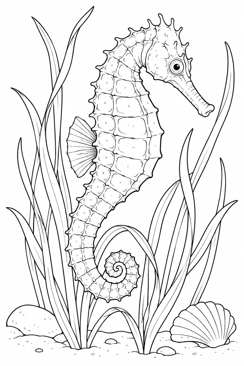 観察スケッチ：タツノオトシゴと海草の塗り絵
