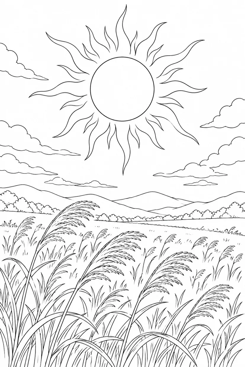 ススキの草原と日食の光の輪の塗り絵