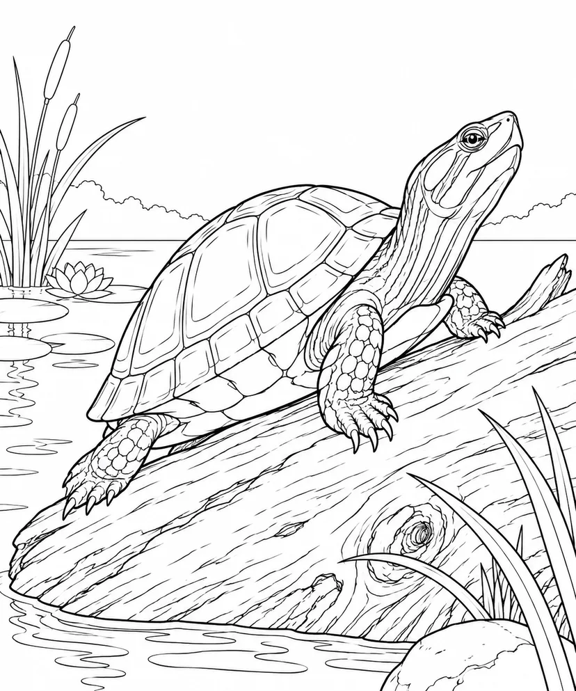 観察スケッチ：カメと水辺の倒木の塗り絵