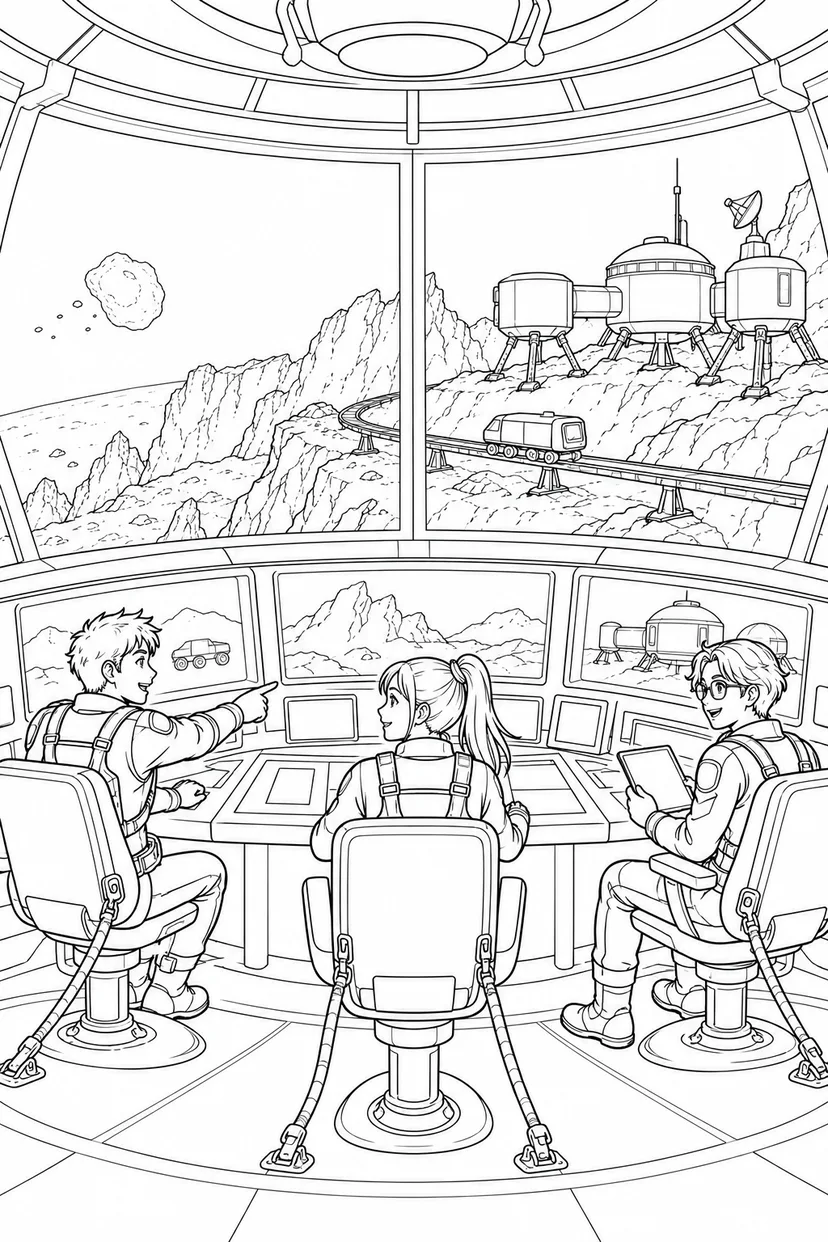 小惑星の岩山基地：探査を見守る管制室の塗り絵
