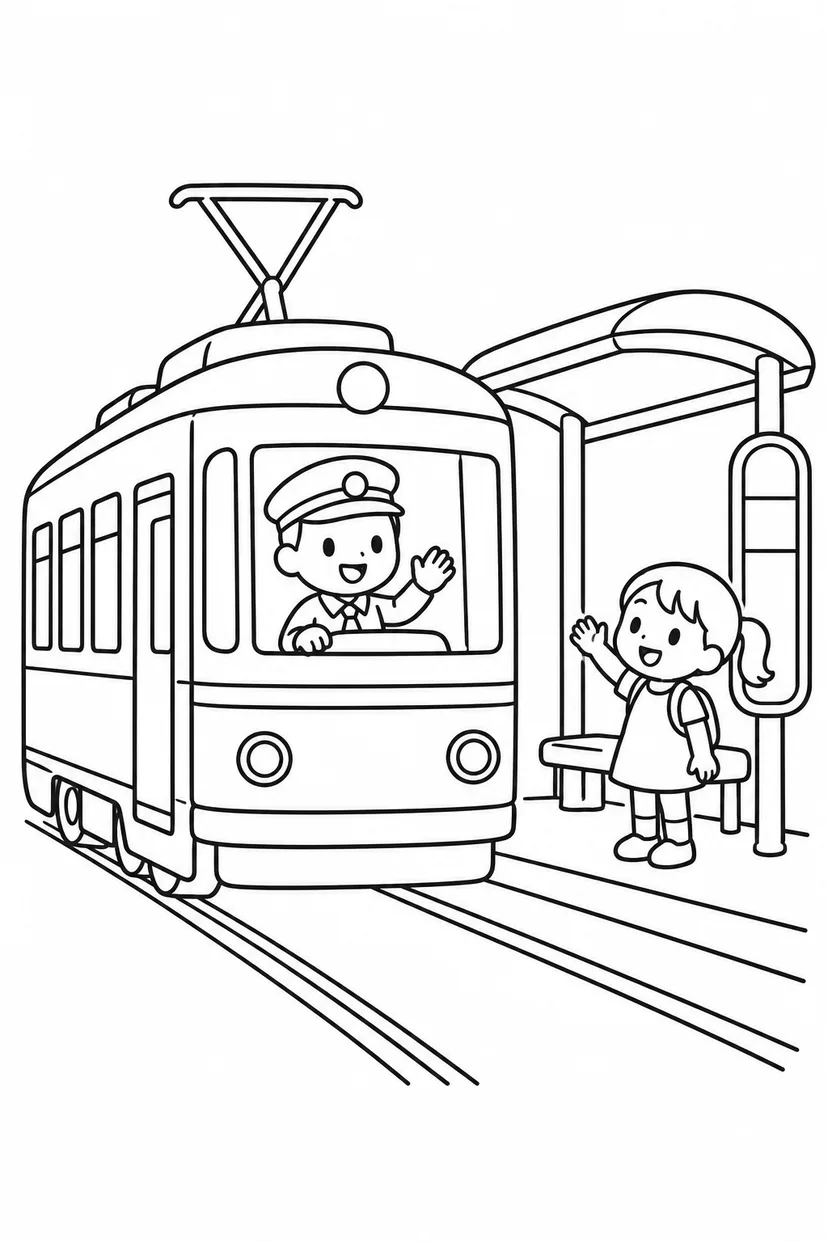 路面電車と停留所の塗り絵