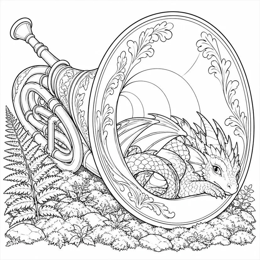 ラッパの中でくつろぐ小さな竜の塗り絵