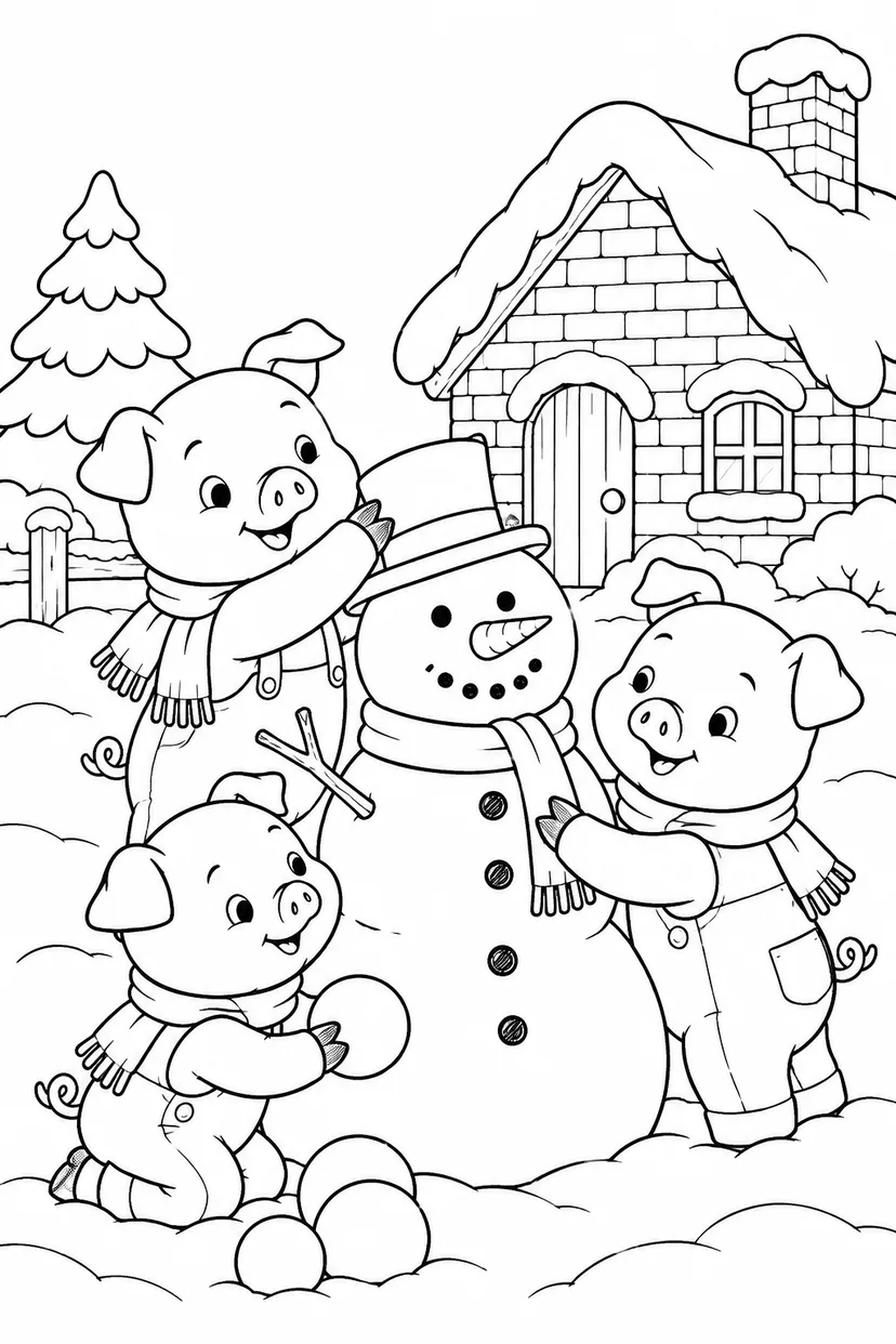 三只小猪：雪人与三条围巾涂色页