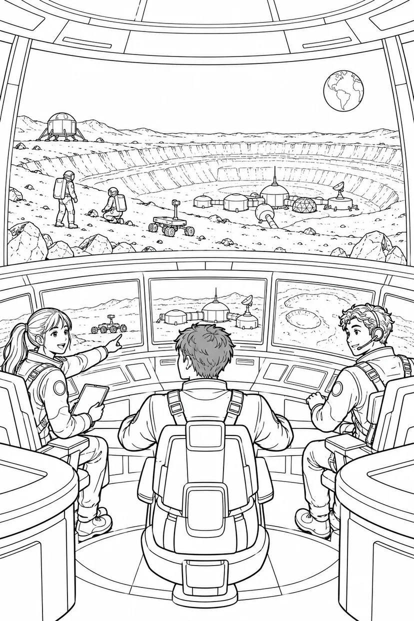 月のクレーター基地：探査を見守る管制室の塗り絵