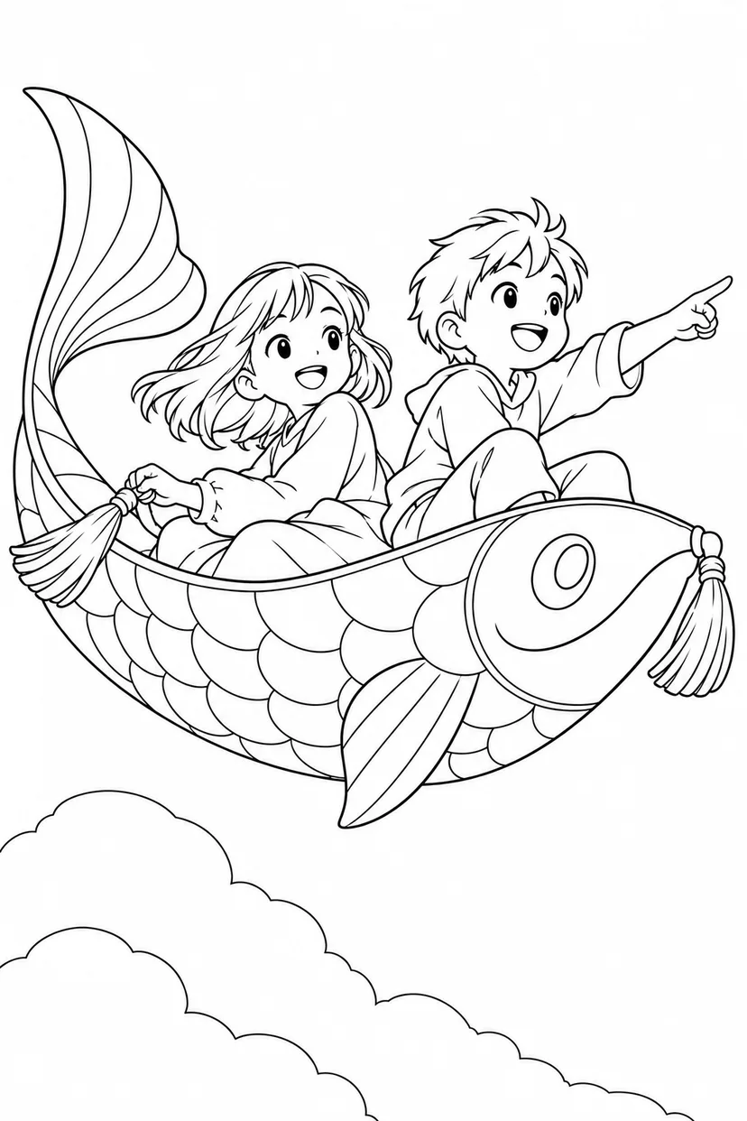 魚のじゅうたんで空への塗り絵