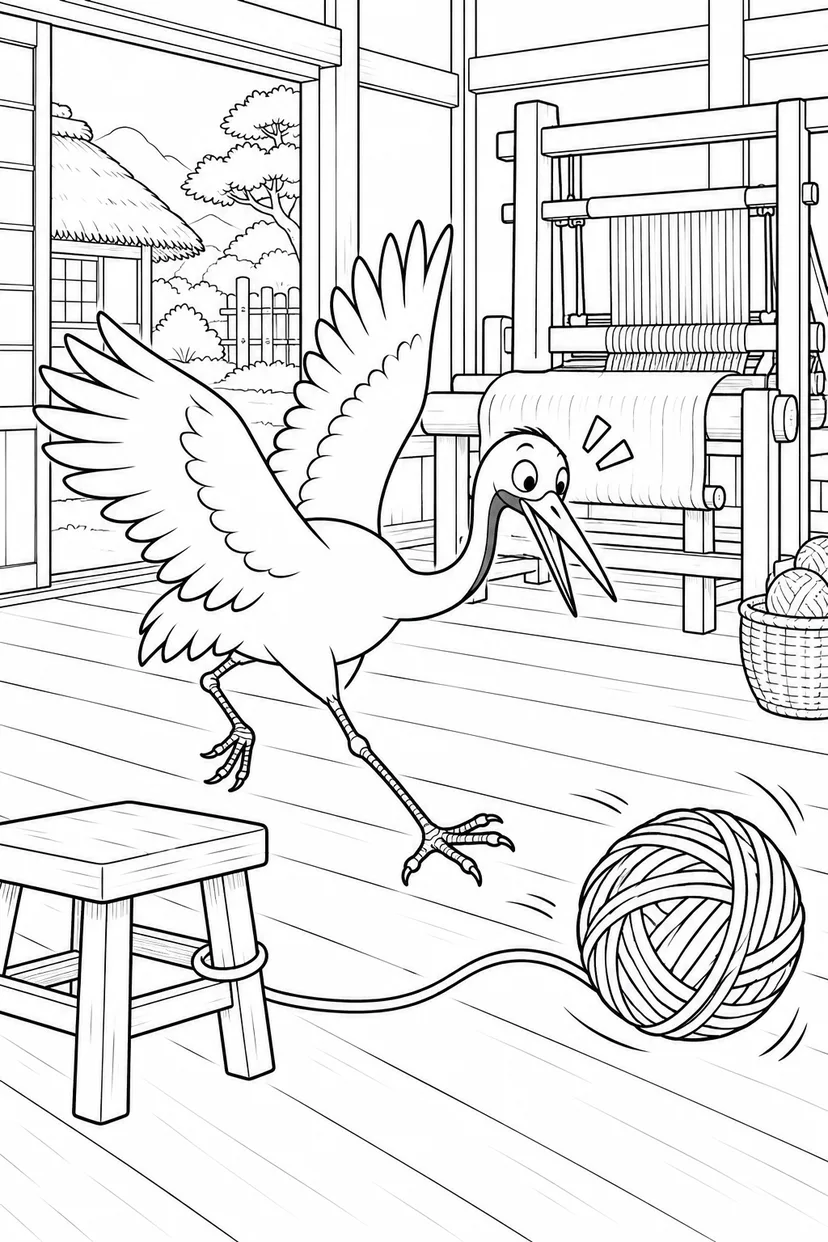 つるの恩返し：ころころ糸玉を追いかけての塗り絵