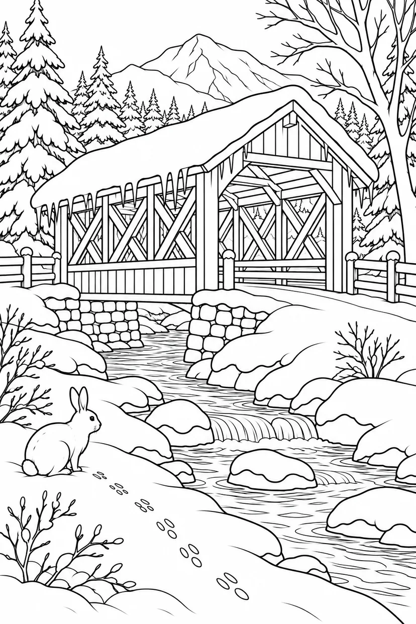 冬の小川の橋めぐりの塗り絵