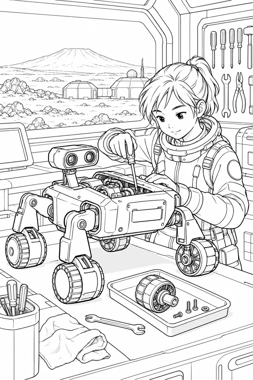 火星の火山平原基地：ロボットの整備工房の塗り絵