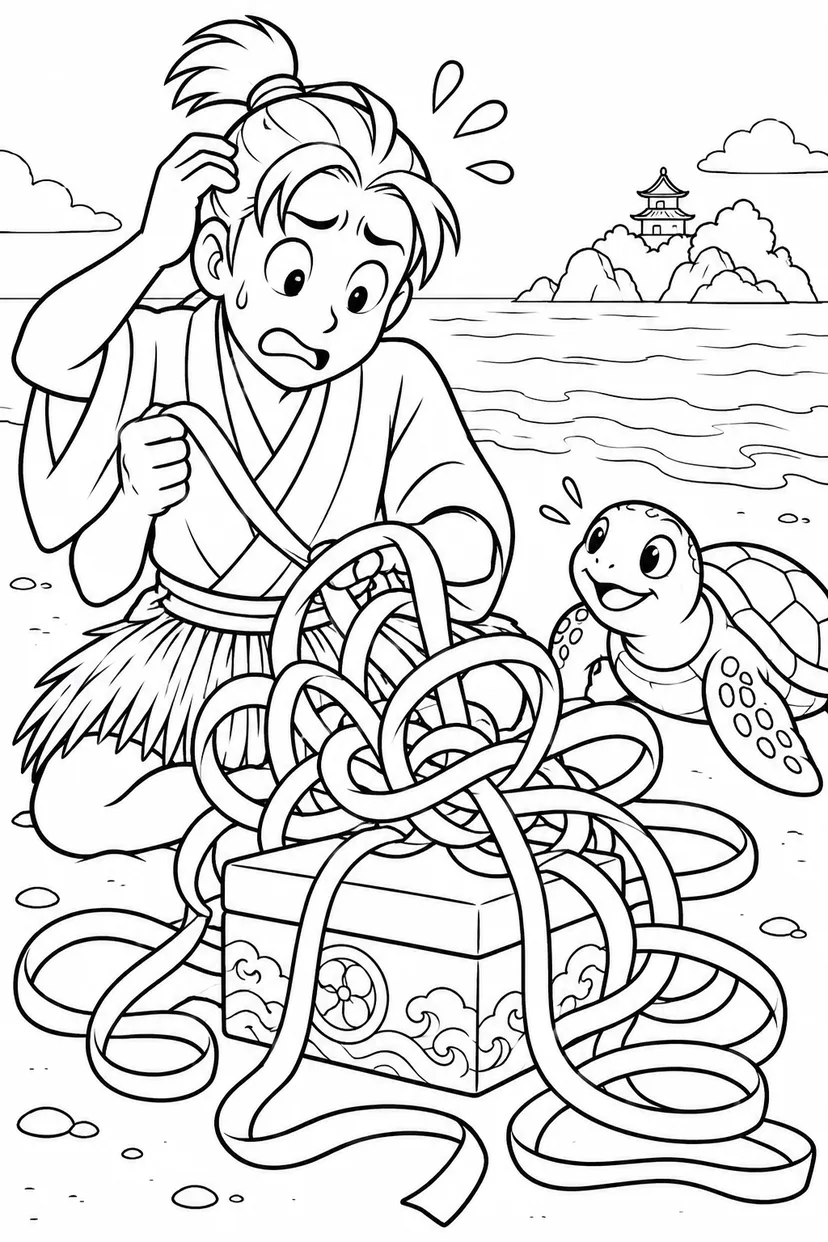 浦島太郎：ほどけない玉手箱のリボン（ギャグ）の塗り絵