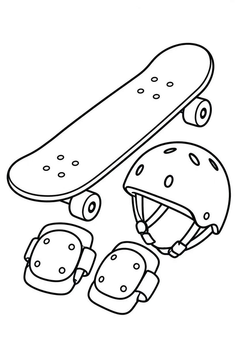 スケートボードとヘルメットの塗り絵