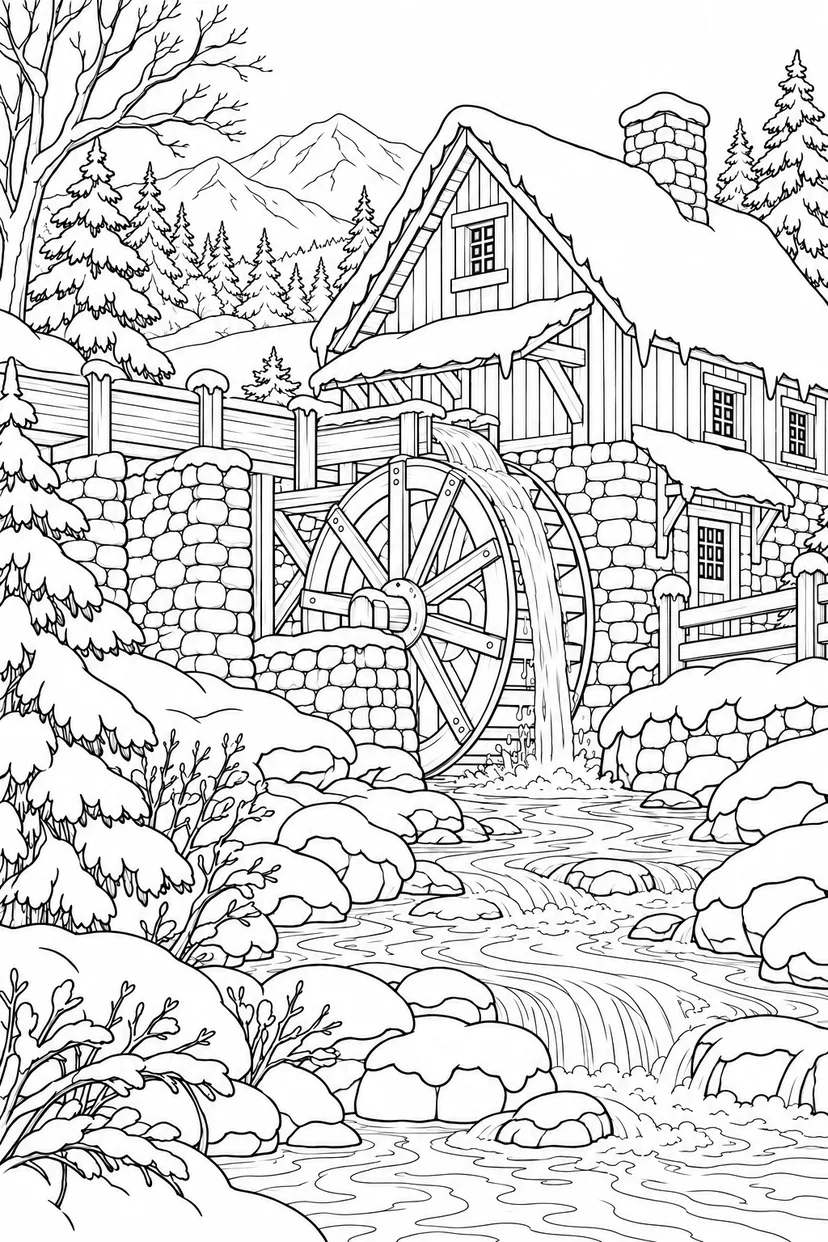 冬の水車小屋の小さな川の塗り絵