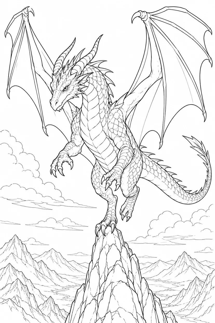Coloriage Dragon se posant sur un sommet