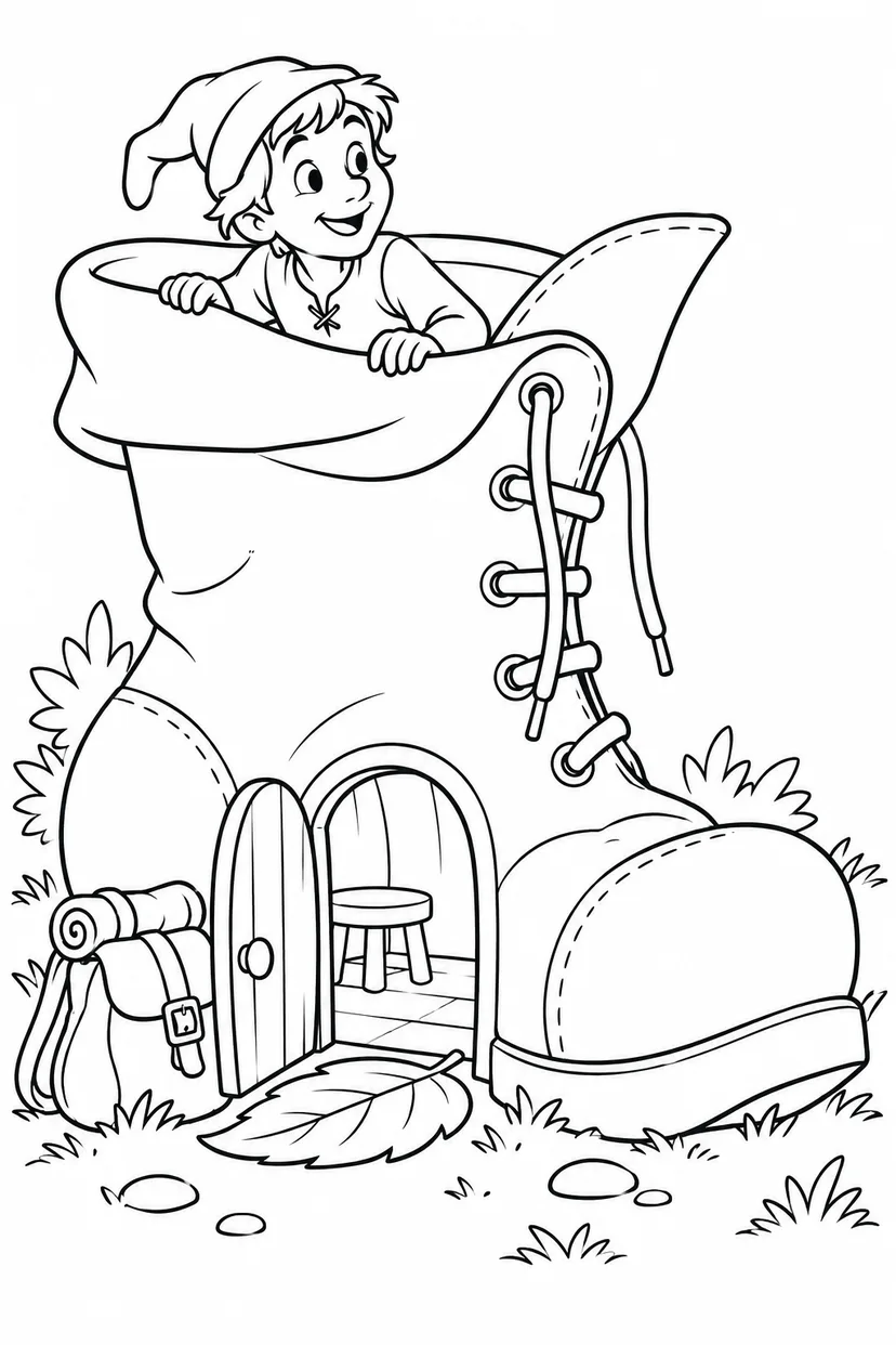 Jack and the Beanstalk・Comedy — A giant boot becomes a little house coloring page